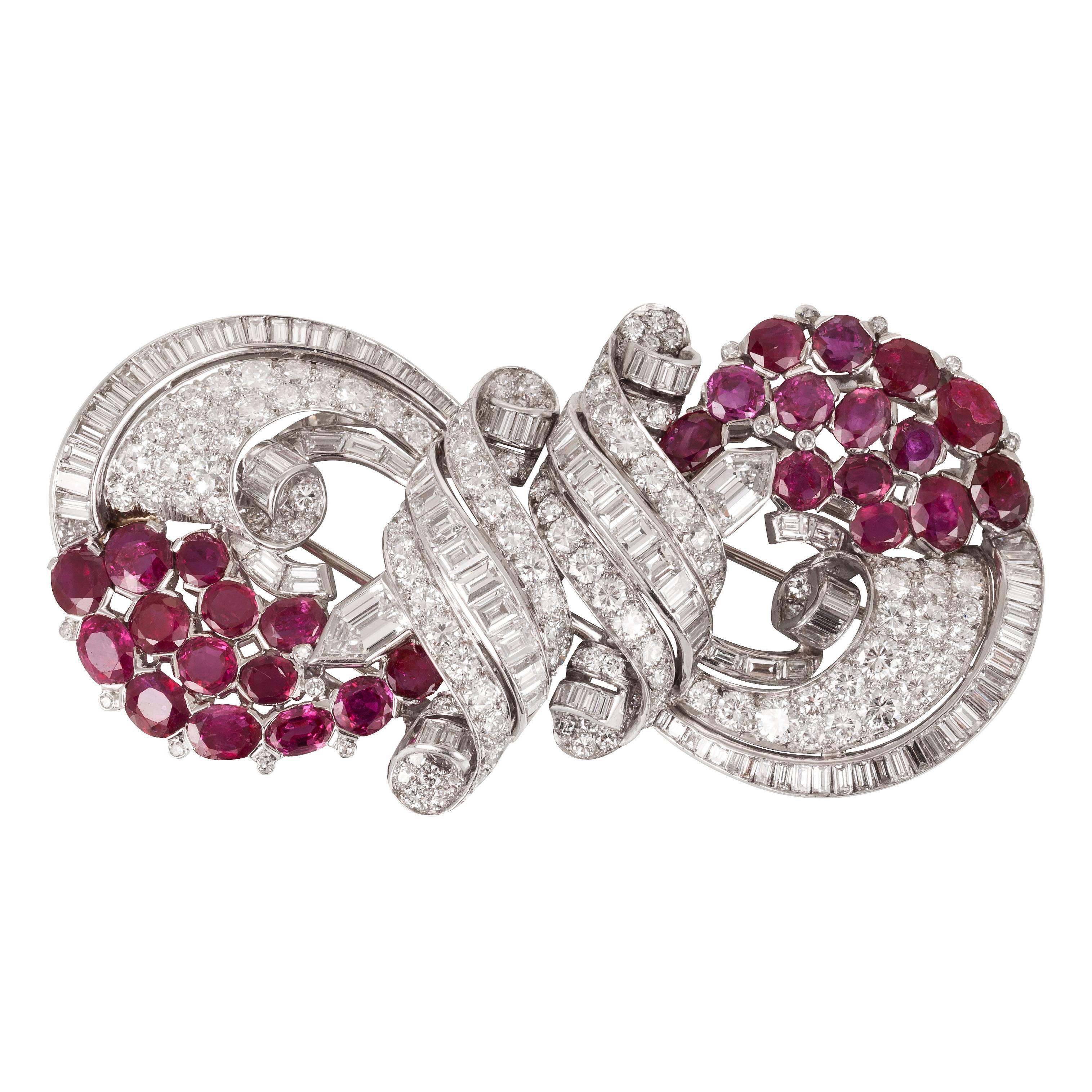 Diamond Ruby Double Clips Brooch For Sale
