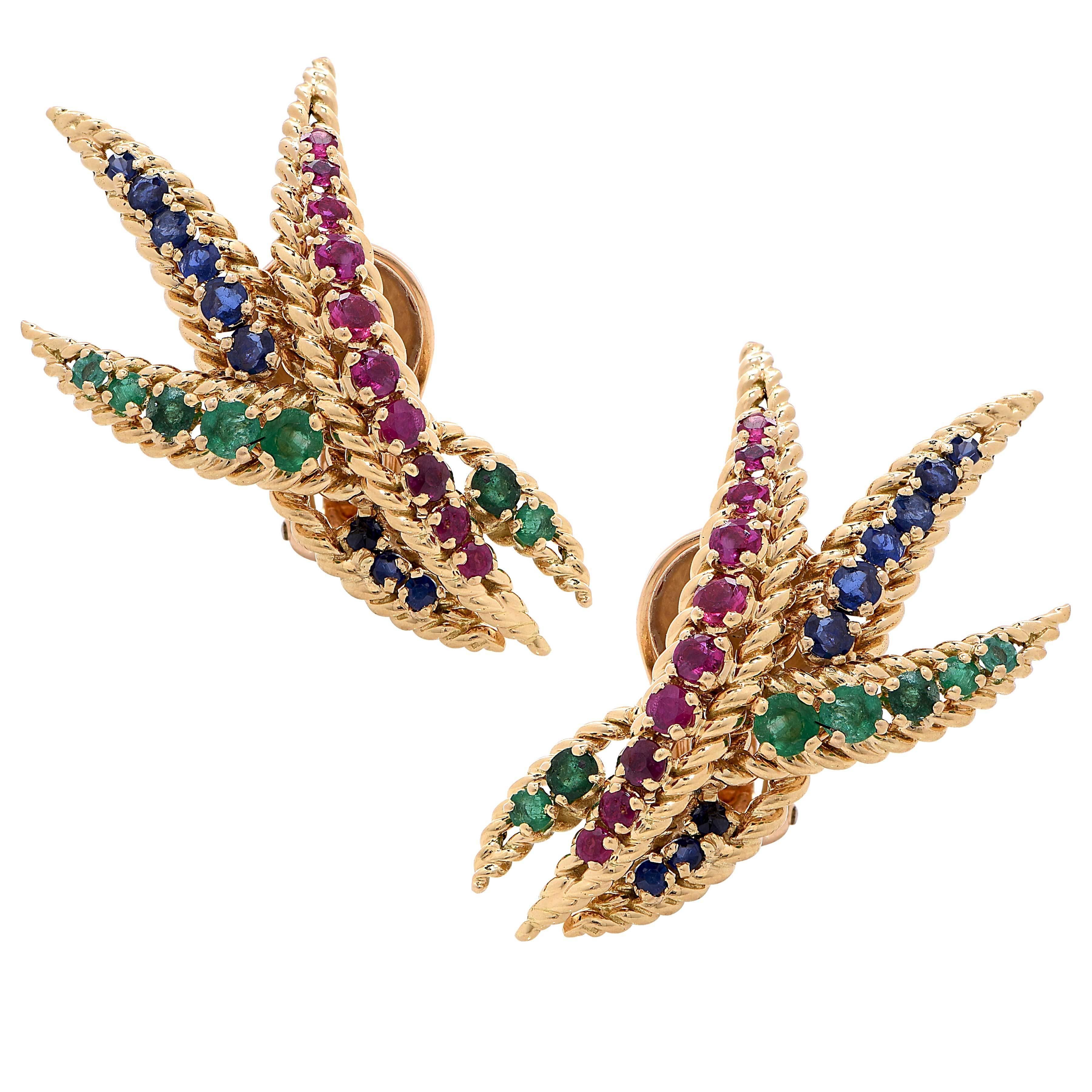 1980s Mauboussin Ruby, Sapphire and Emerald Ear Clips For Sale