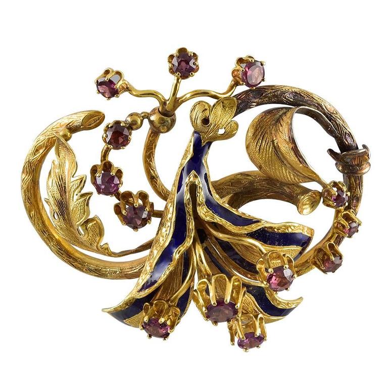 Victorian Enamel Rhodolite Garnet Gold Brooch For Sale