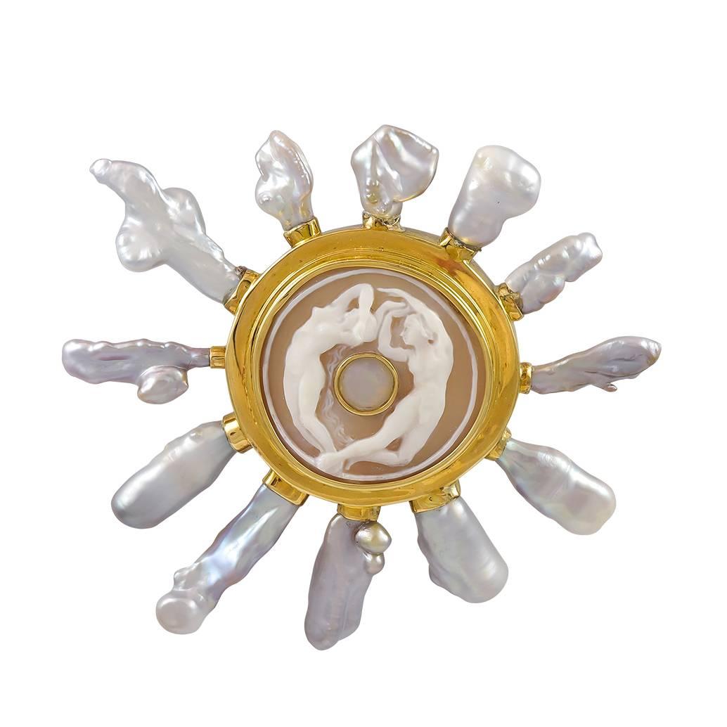 Stephen Dweck Cameo and Blister Pearl Gold Brooch