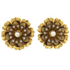 Retro Large Pearl Diamond Gold Flower Earrings