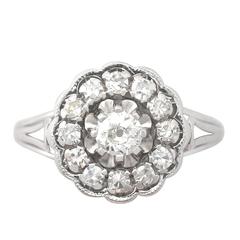 0.91 Carat Diamond and 18 Karat White Gold Cluster Ring, Antique circa 1920