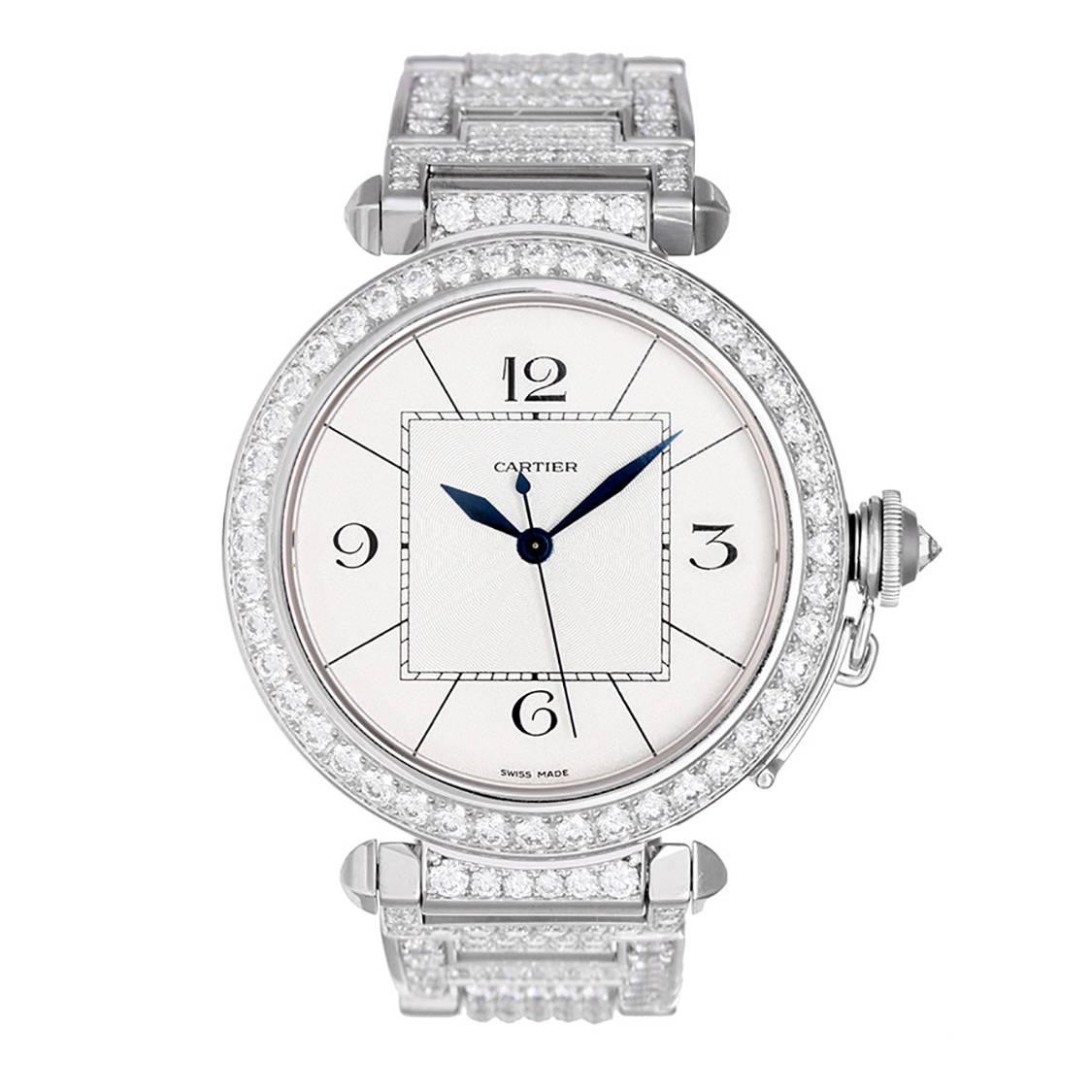 Cartier Pasha Lady's White Gold Diamond Automatic Wristwatch Ref WJ1199JY