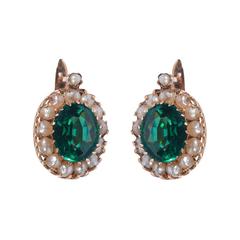 Antique Green Tourmaline Pearl Gold Earrings