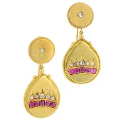 Victorian Ruby Diamond Gold Drop Earrings