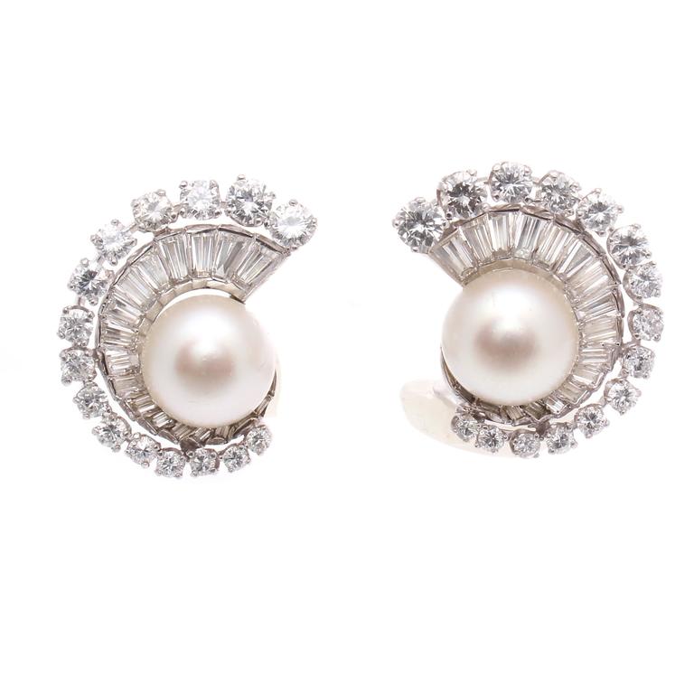 Art Deco Pearl Diamond Platinum Earrings at 1stDibs