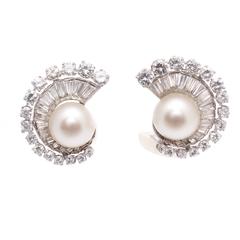 Art Deco Pearl Diamond Platinum Earrings