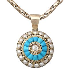 Turquoise, Pearl, Enamel and 0.17Ct Diamond, 15k Yellow Gold Pendant - Victorian
