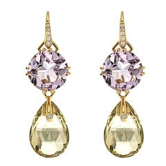 Yellow Quartz Light Purple Emerald Diamond Gold Earrings 6