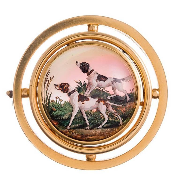Victorian Hunting Dogs Reverse Painted Crystal Gold Brooch
