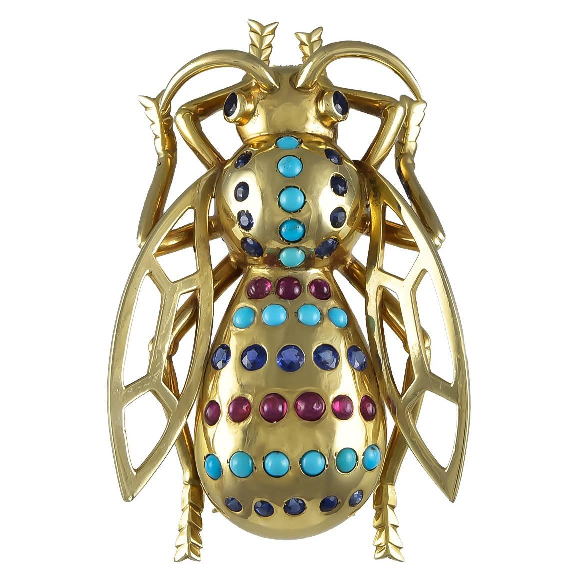 1940s Large Two Dimensional Retro Turquoise Ruby Sapphire Gold Fly Brooch For Sale