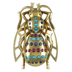 1940s Large Two Dimensional Retro Turquoise Ruby Sapphire Gold Fly Brooch