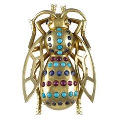 1940s Large Two Dimensional Retro Turquoise Ruby Sapphire Gold Fly Brooch 3