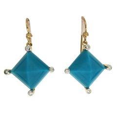 Square Turquoise Diamond Gold Earrings