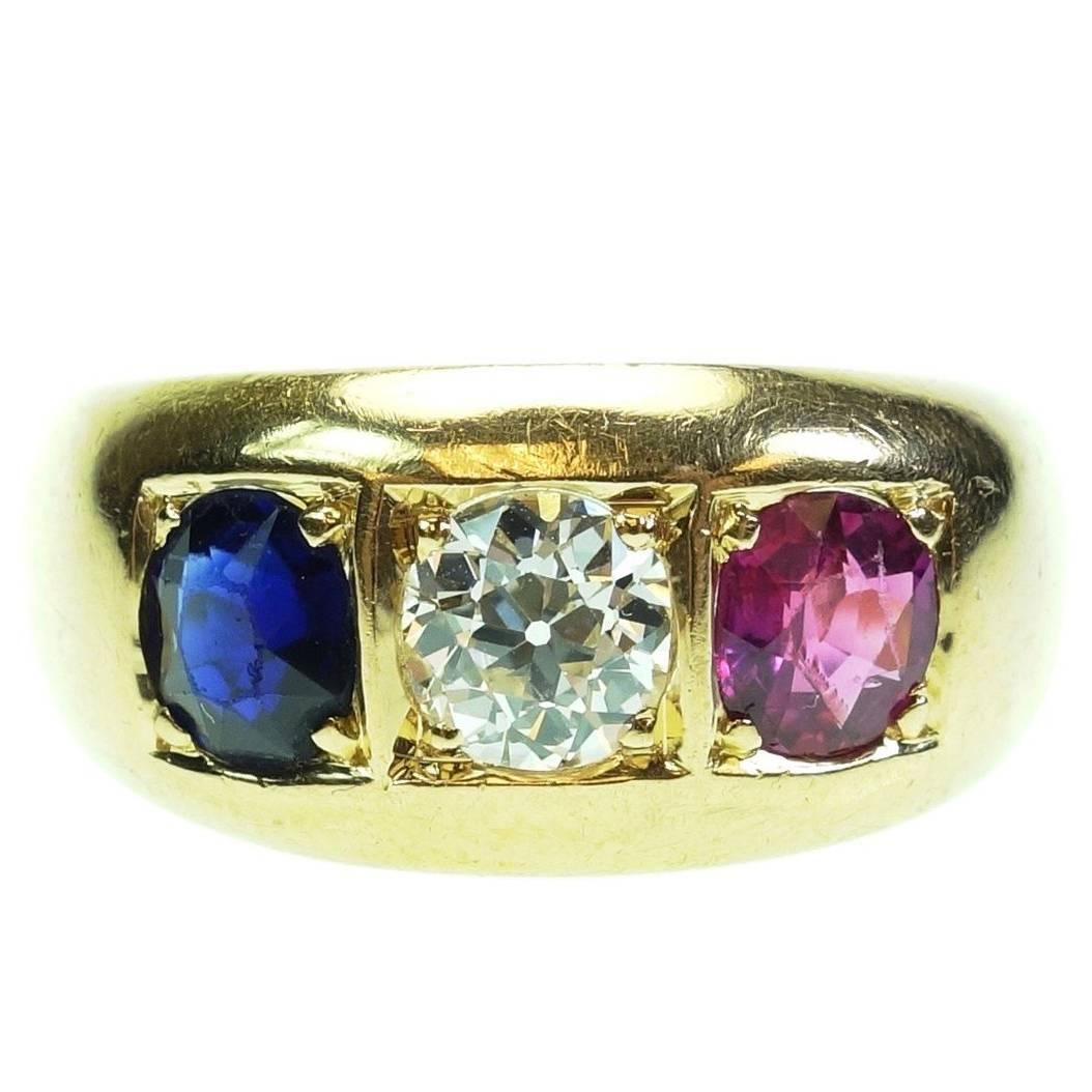 Antique French Ruby Sapphire Diamond Gold Three Stone Ring For Sale