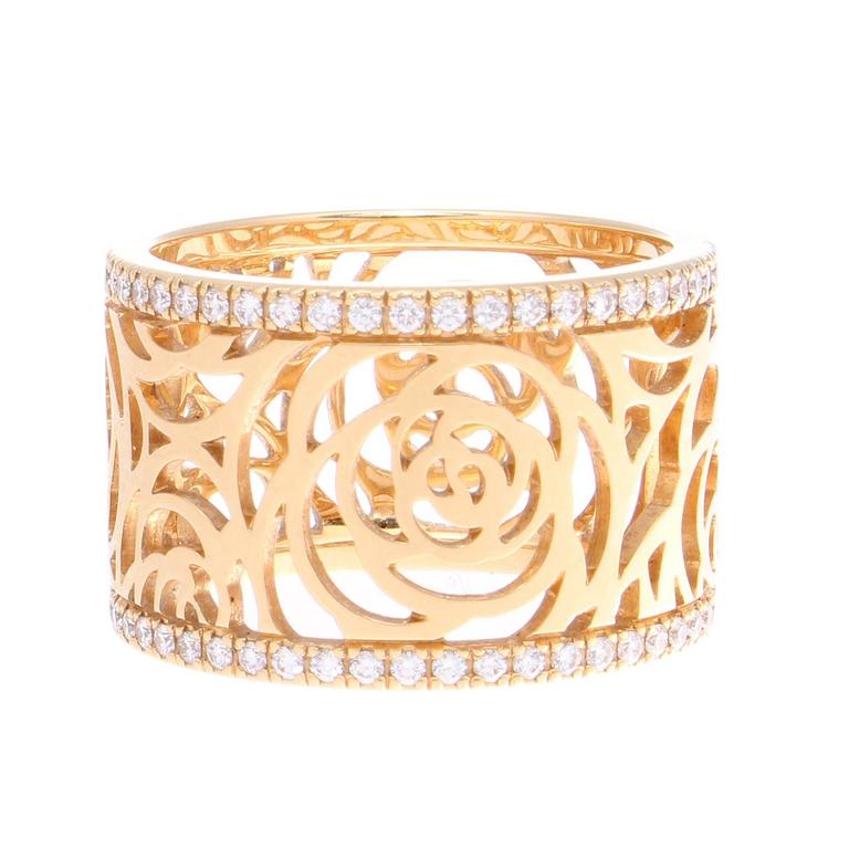 Chanel Camellia Ajoure Wide Diamond Gold Band Ring at 1stDibs