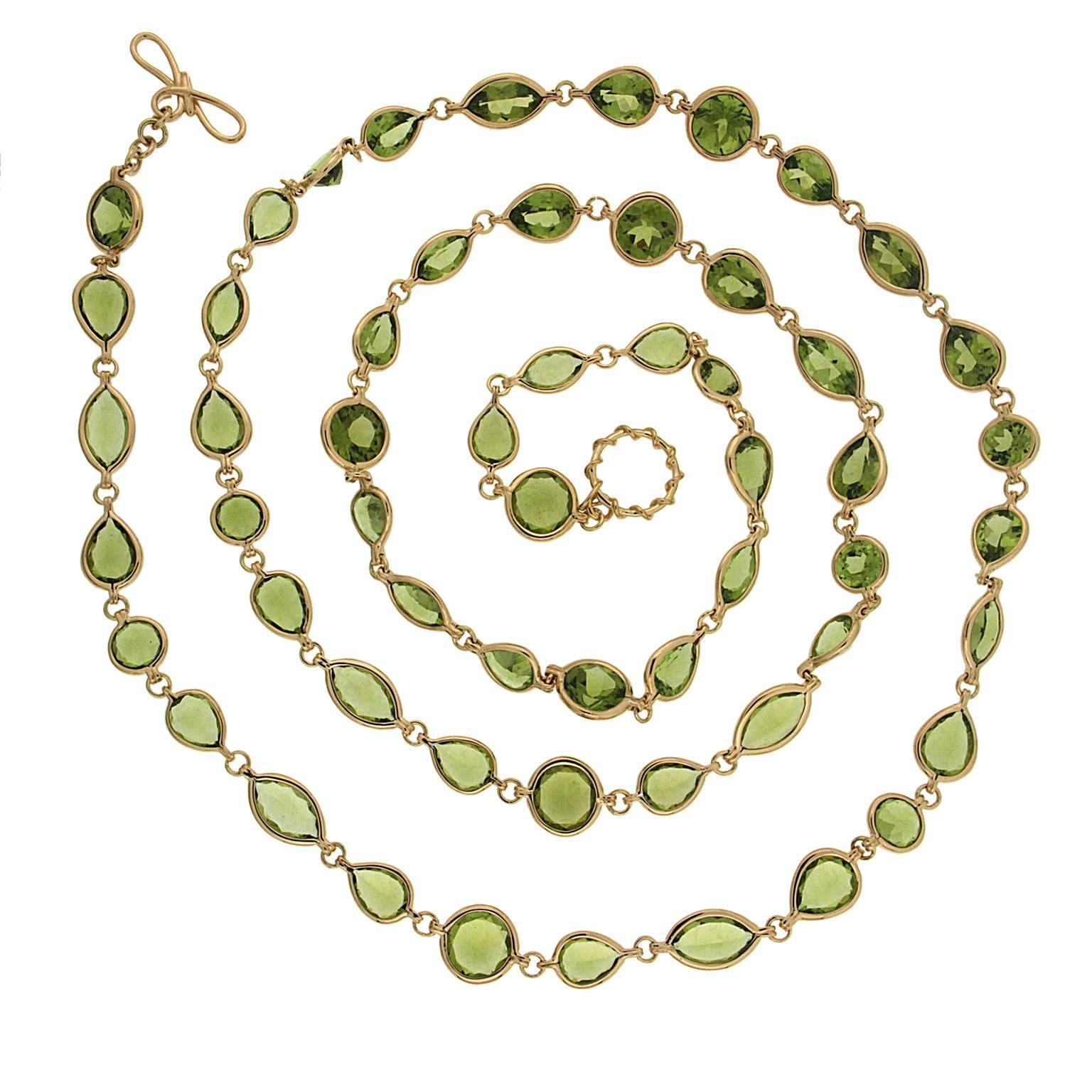 Peridot Gold Necklace with Round Marquise and Pear Shaped Peridots
