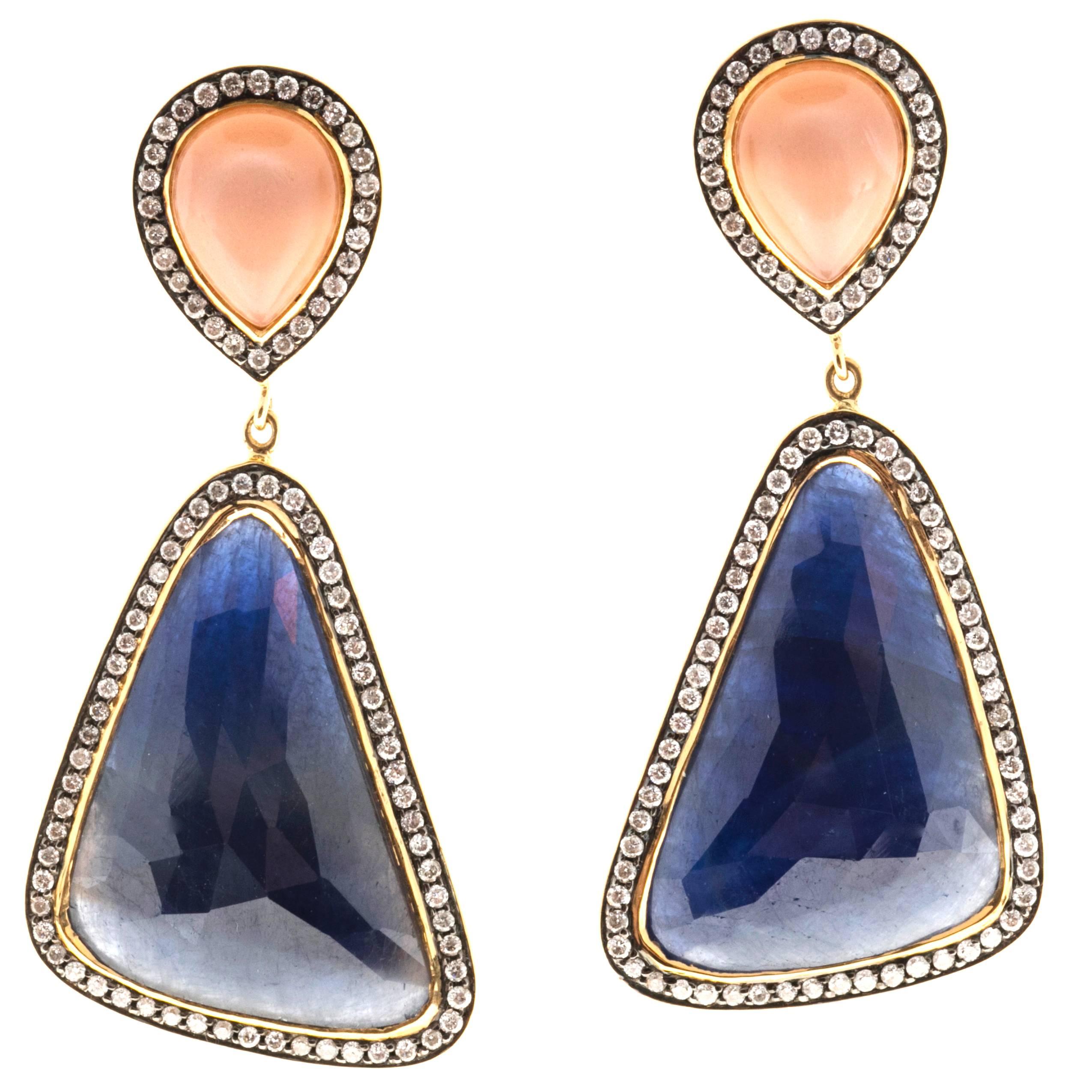 Peach Moonstone Sapphire Diamond Gold Dangle Earrings 