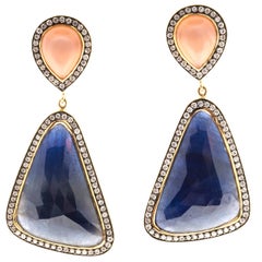 Peach Moonstone Sapphire Diamond Gold Dangle Earrings 