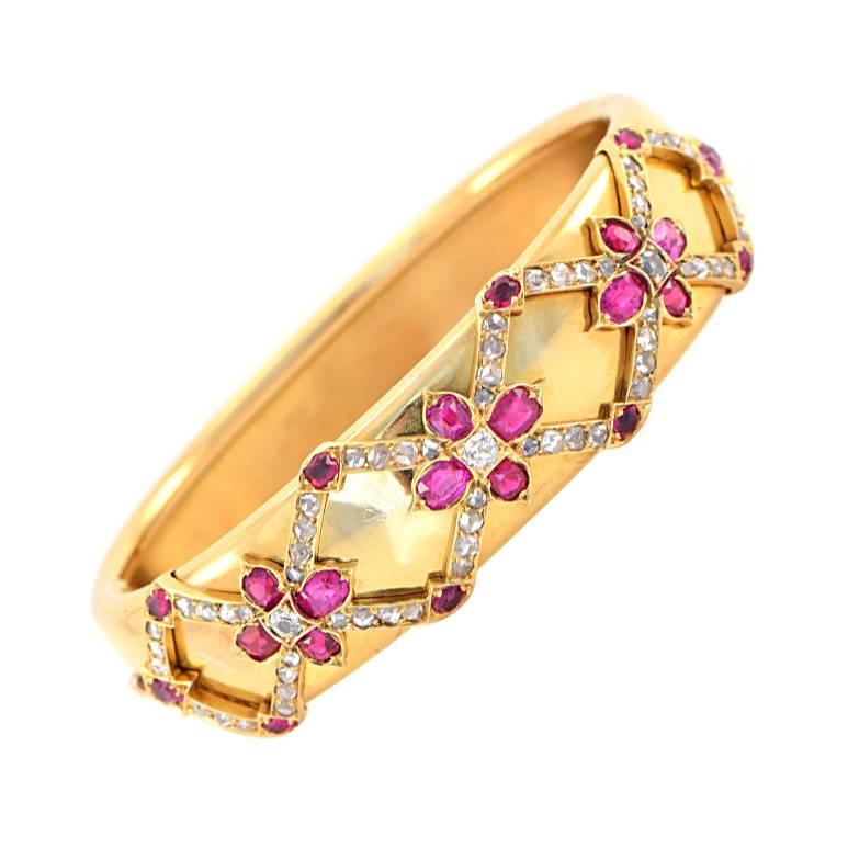 1910 Ruby Diamond Gold Bangle Bracelet