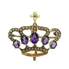 Victorian Amethyst and Seed Pearl Gold Crown Brooch