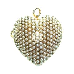 Antique Victorian Yellow Gold Seed Pearl and Diamond Heart Pin Brooch Pendant