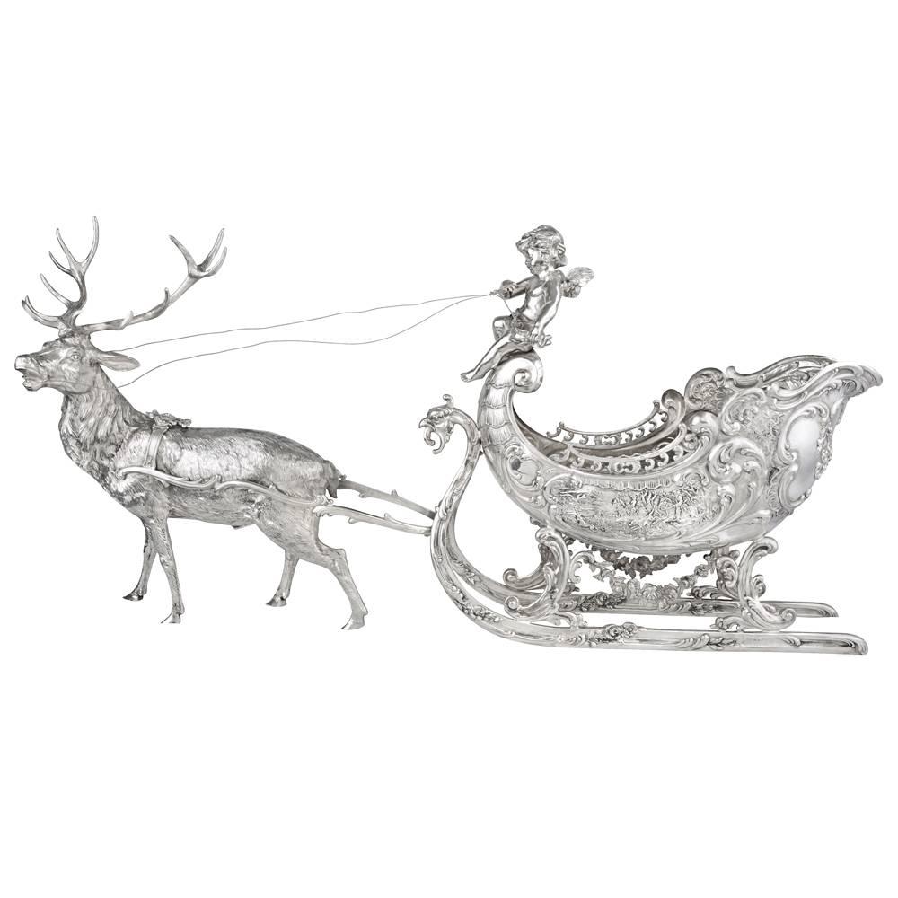Large Silver Christmas Reindeer and Sleigh Table Top Sculpture For Sale