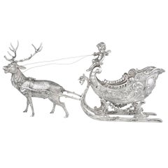Vintage Large Silver Christmas Reindeer and Sleigh Table Top Sculpture