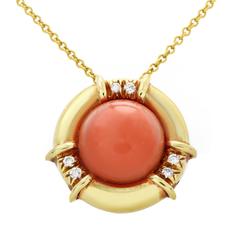Tiffany & Co. Yellow Gold Coral and Diamond Pendant Necklace