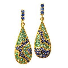 Lauren Harper Asymmetrical Emerald Blue Sapphire Matte Gold Pear Drop Earring