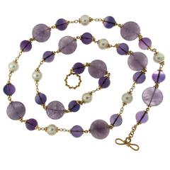 Amethyst disks and Balls and round fresh water pearl gold necklace 10