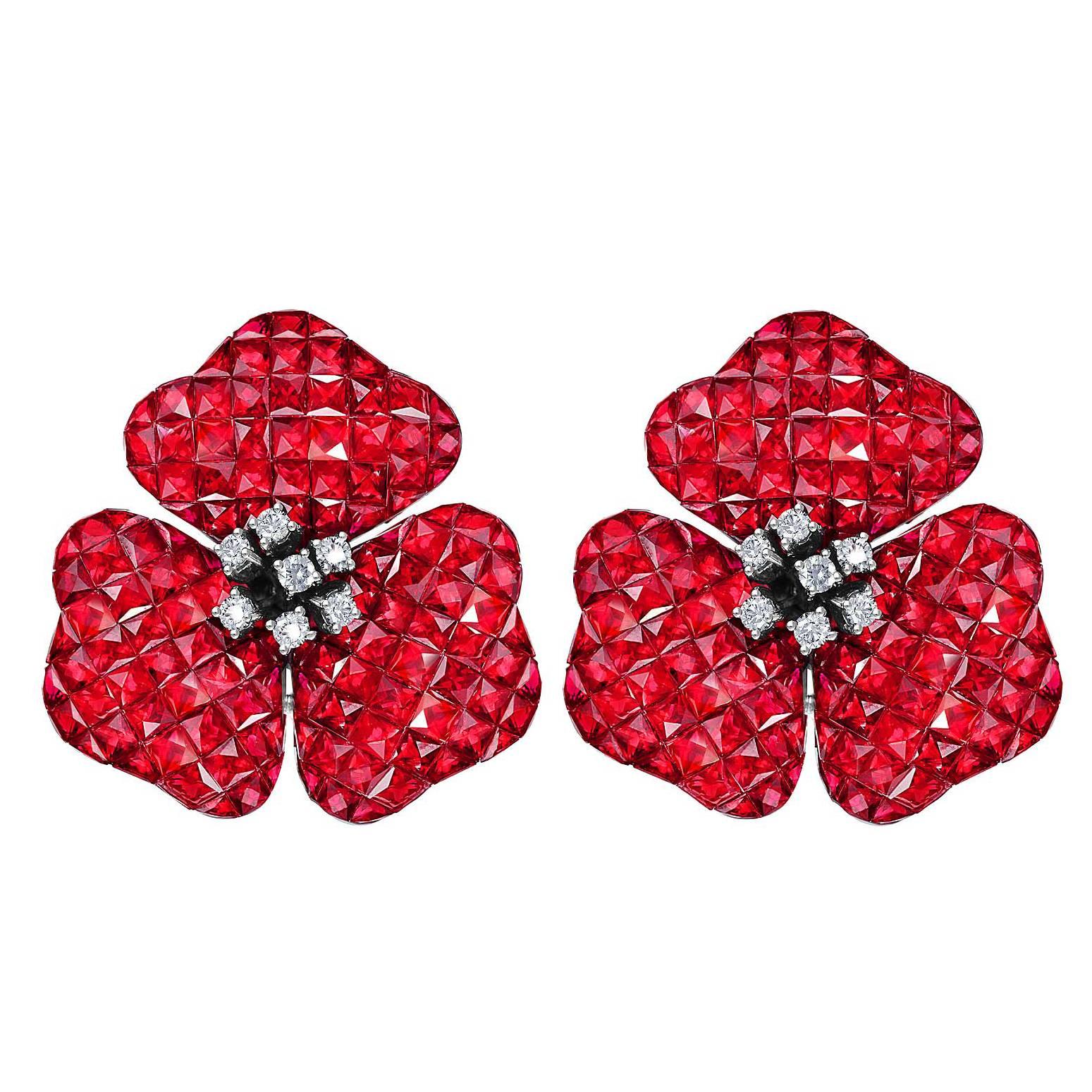 Ruby Diamond gold Flower Earrings For Sale