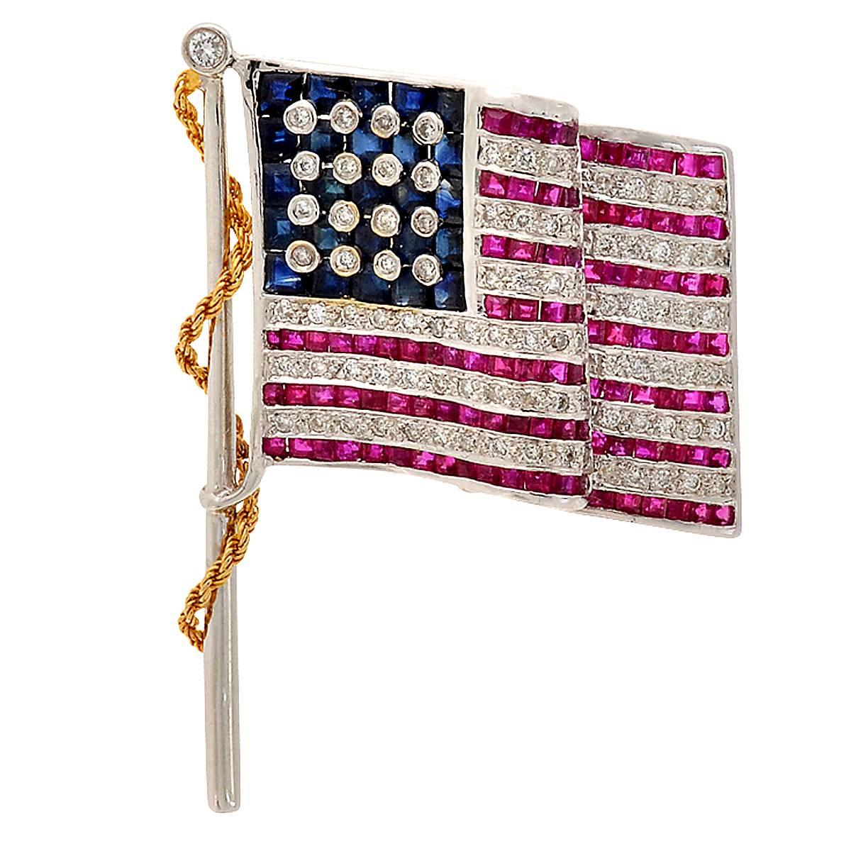 American Flag Ruby, Diamond and Sapphire Pin