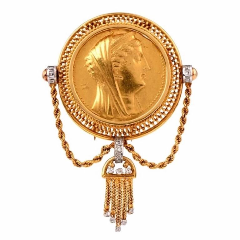 Antique Diamond Roman Coin Gold Pin at 1stDibs