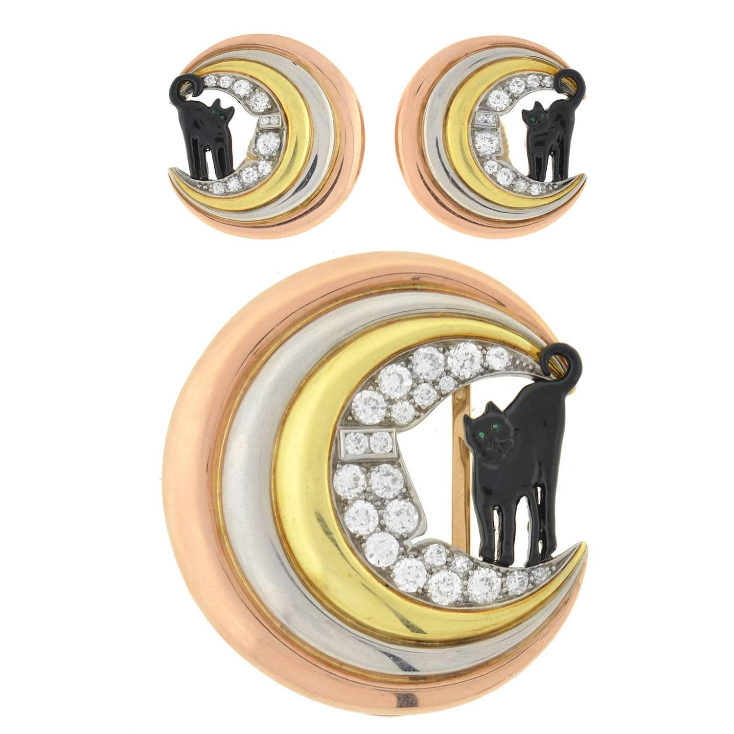 Retro Diamond Cat Crescent Tri-Color Gold Earring Pendant Set