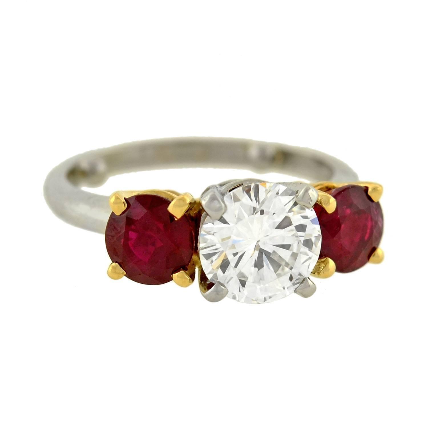 Contemporary Diamond Ruby 3-Stone Engagement Ring For Sale at 1stdibs