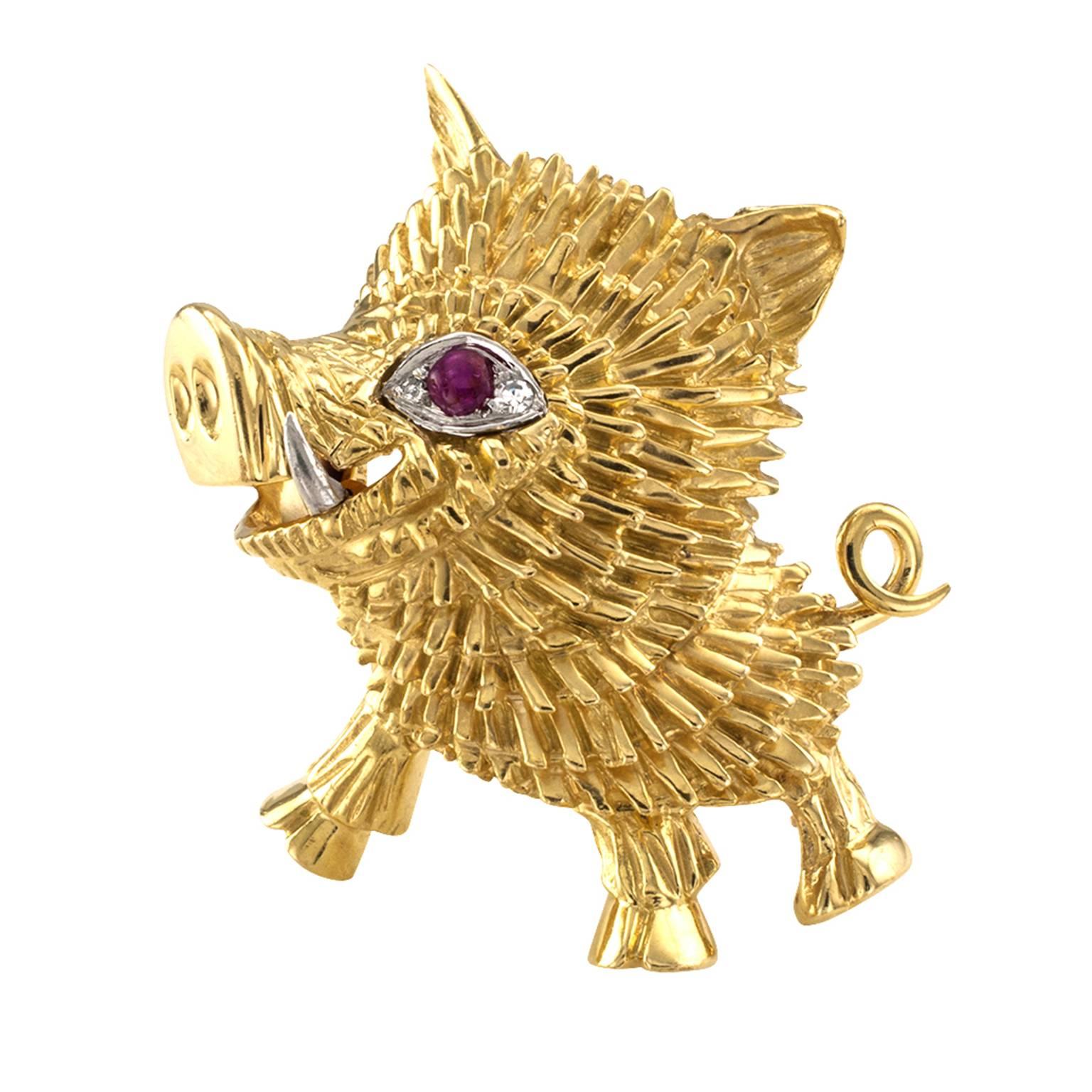 Hammerman Brothers Wild Boar Gold Brooch