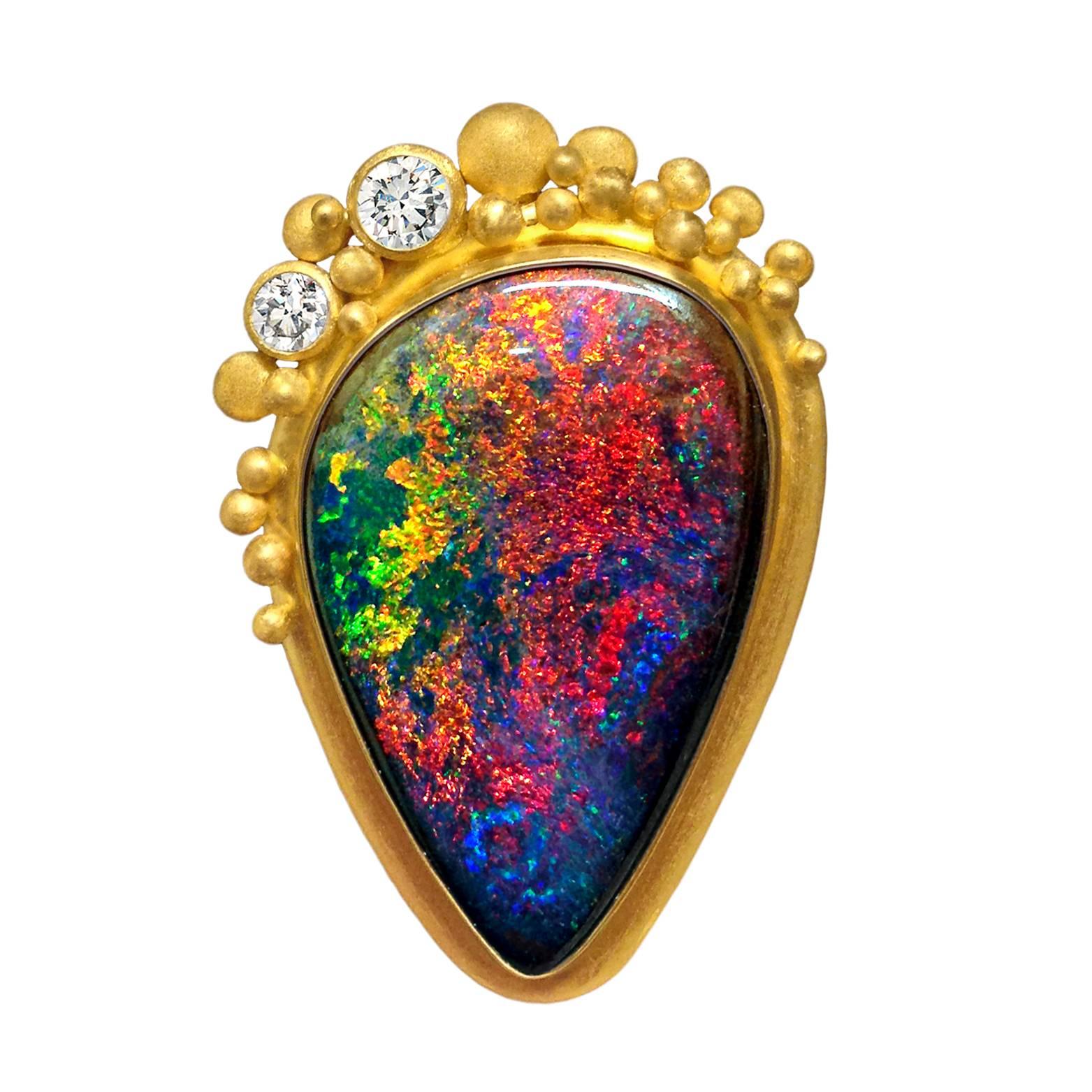 Lilly Fitzgerald One of a Kind Fine Rainbow Pinfire Boulder Opal Diamond Pin