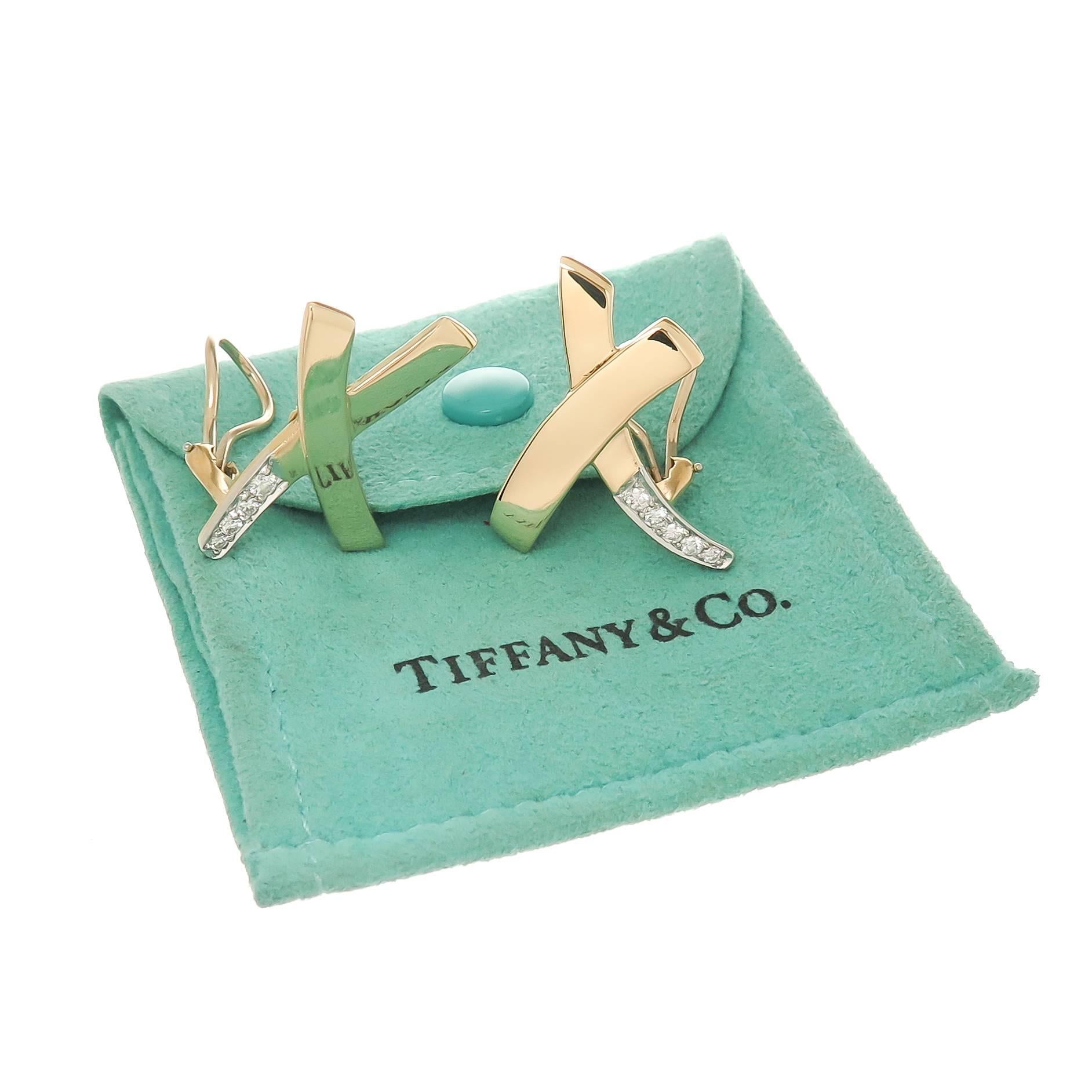 Tiffany & Co. Paloma Picasso Large Diamond gold X Earrings In Excellent Condition In Chicago, IL