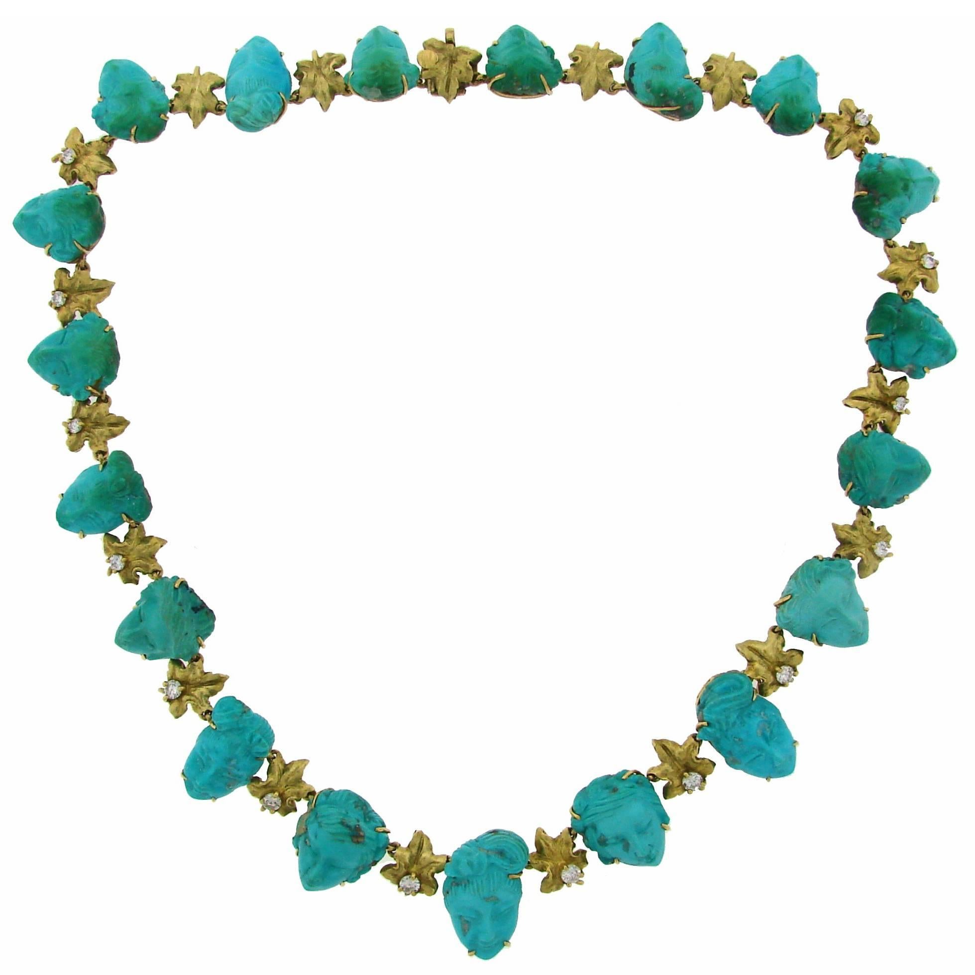 1940s Carved Turquoise Diamond Yellow Gold Necklace