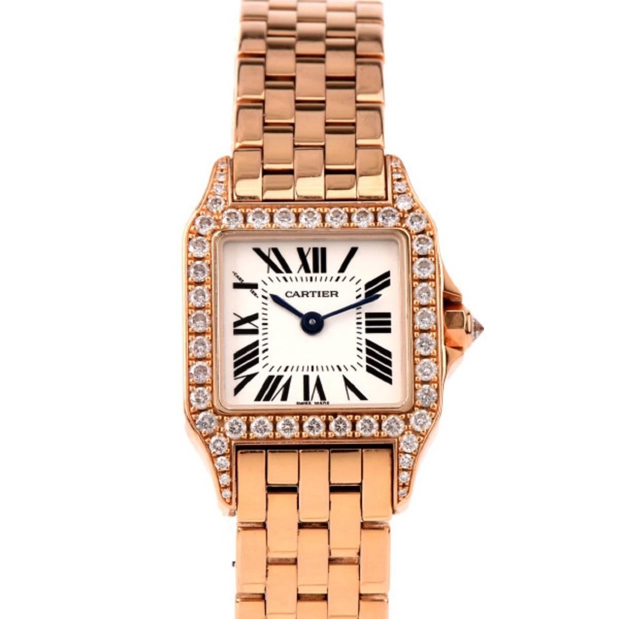Cartier Lady's Rose Gold Diamond Santos Demoiselle Wristwatch