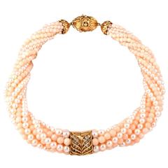 Coral Beads Pearl Diamond Gold Choker Necklace 2