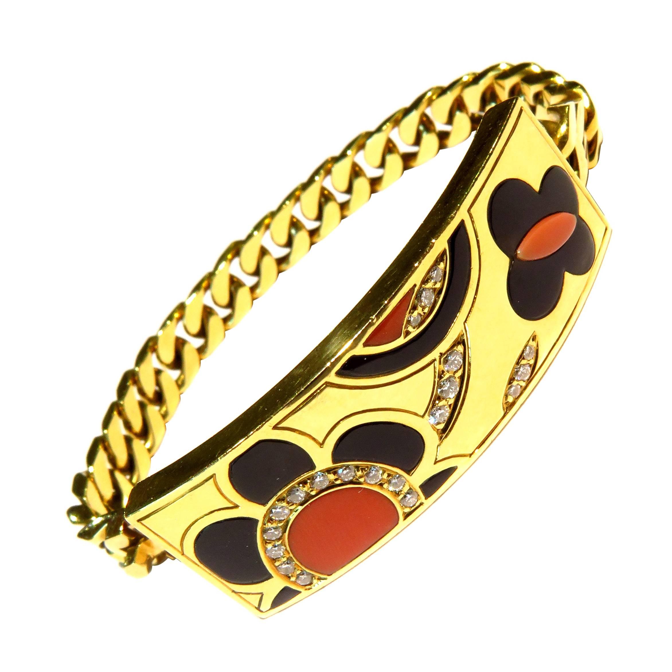 Timeless Bvlgari Coral Onyx Diamond Heavy Link ID Style Inlaid Gold Bracelet