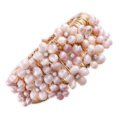 Retro 1960s Ruser Flowers of Pearls and Diamond Hairpin Bracelet