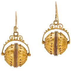 Etruscan Revival Gold Spinning Bead Drop Earrings