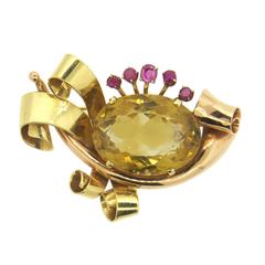 Vintage 1940s Two Color Gold Citrine Ruby Brooch Pin