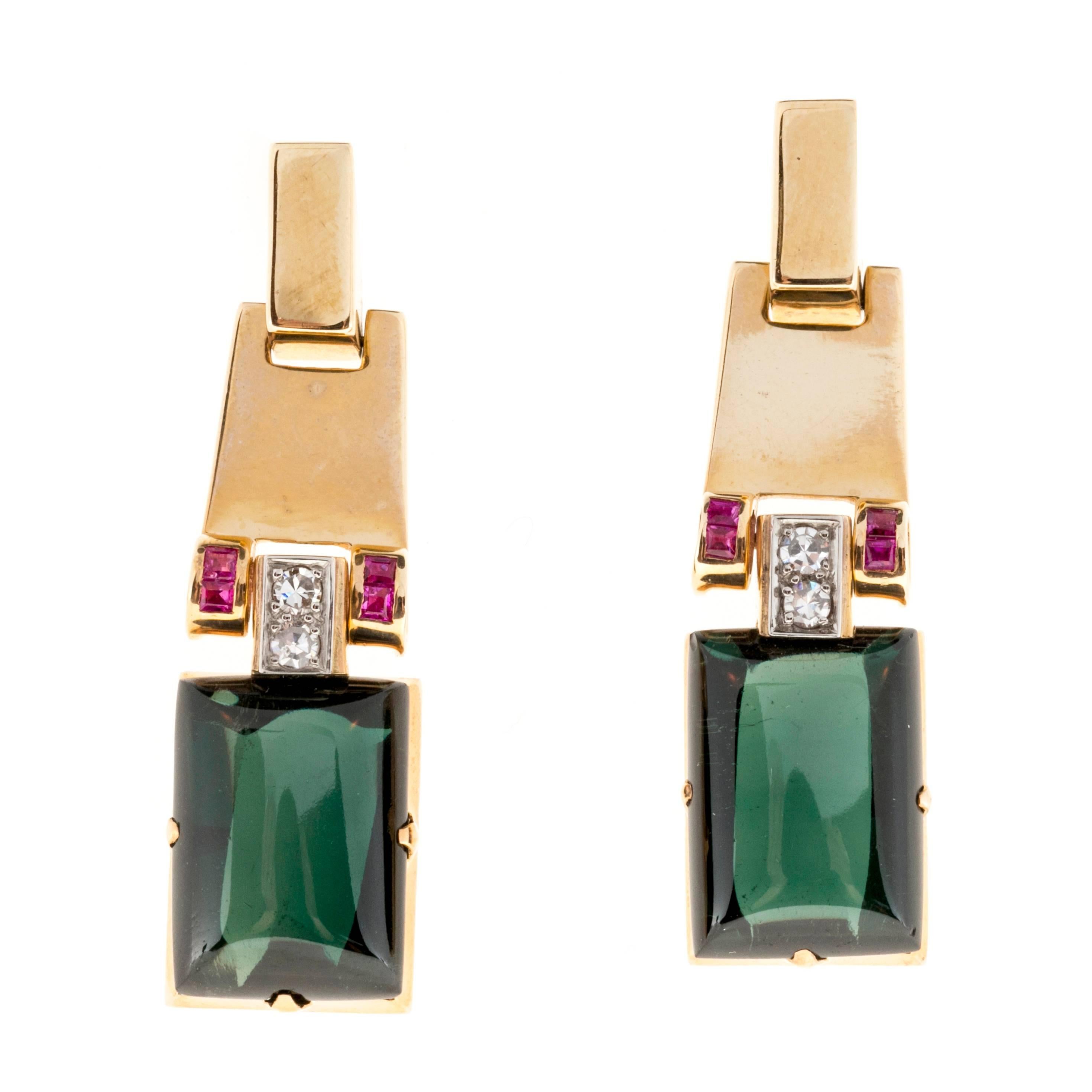 Cabochon Green Tourmaline Ruby Diamond Gold Earrings