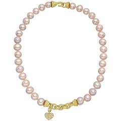 Pink Pearl Gold Link Necklace with Diamond Heart Charm