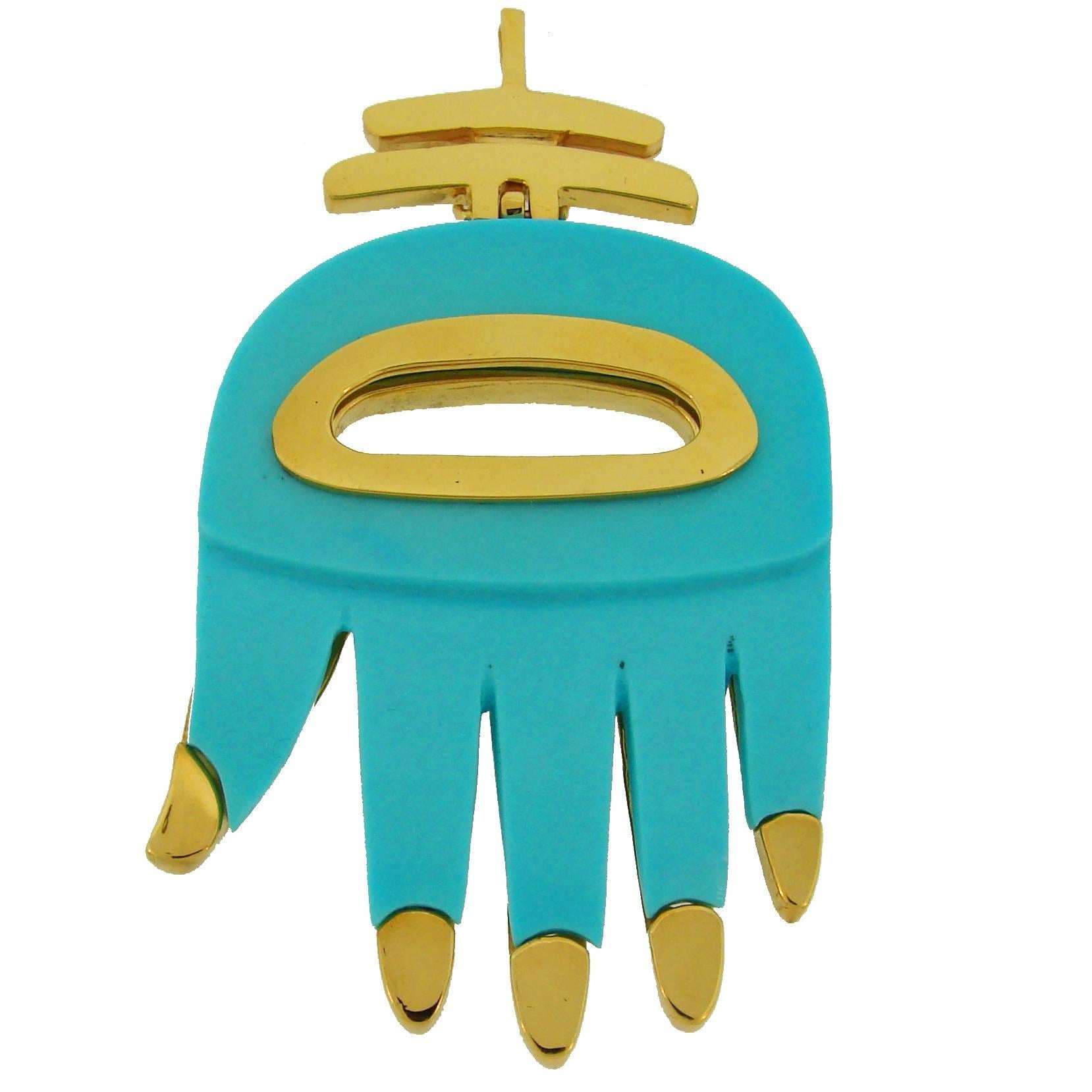 1970s Aldo Cipullo Re-manufactured Turquoise gold Hamsa Hand Pendant