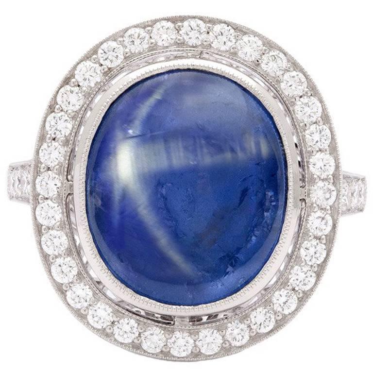 Natural 8.55 Carat Blue Star Sapphire Diamond Platinum Ring For Sale